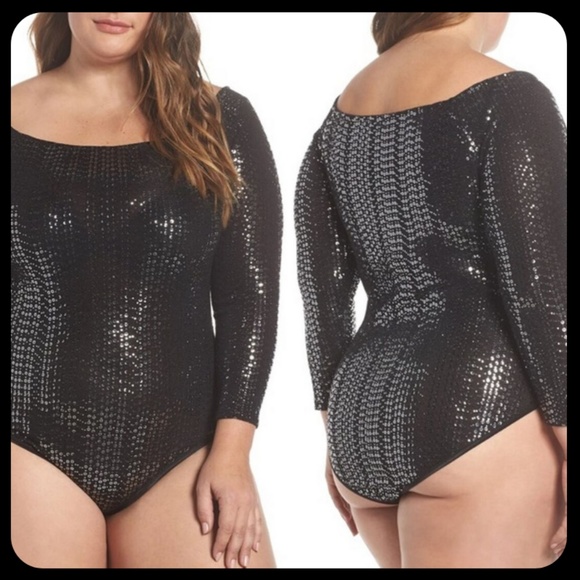 Leith Tops - Leith Off the Shoulder Long Sleeve Sequin Bodysuit